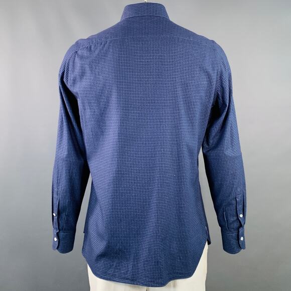 ISAIA Size L Navy Black Houndstooth Cotton Spread Collar Long Sleeve Shirt - Picture 4 of 7